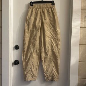 Ganni Cotton Crepe Curve Pants khaki tan Pull-On Elastic Waist Barrel Leg ‎34/2